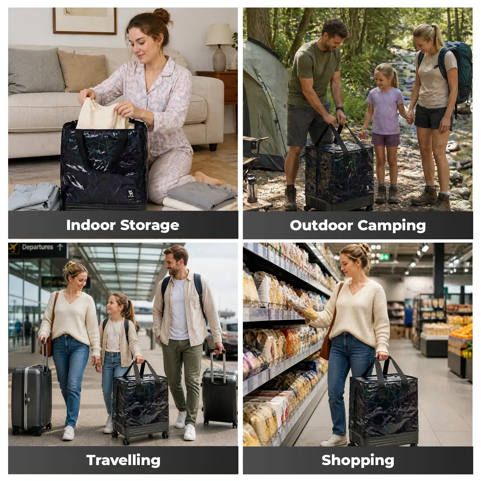Collage of a woman using a black suitcase in different scenarios: indoor storage, outdoor camping, travelling, and shopping.
