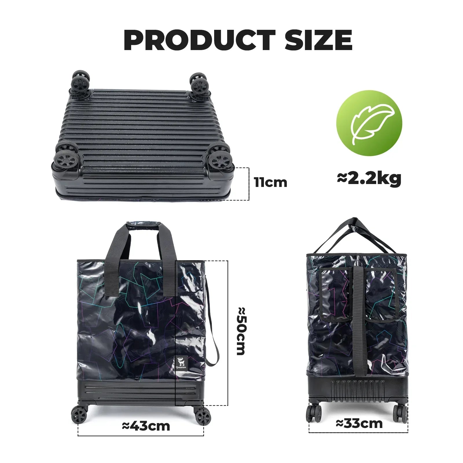 Product size chart with a black suitcase and shopping cart, showing dimensions and weight.