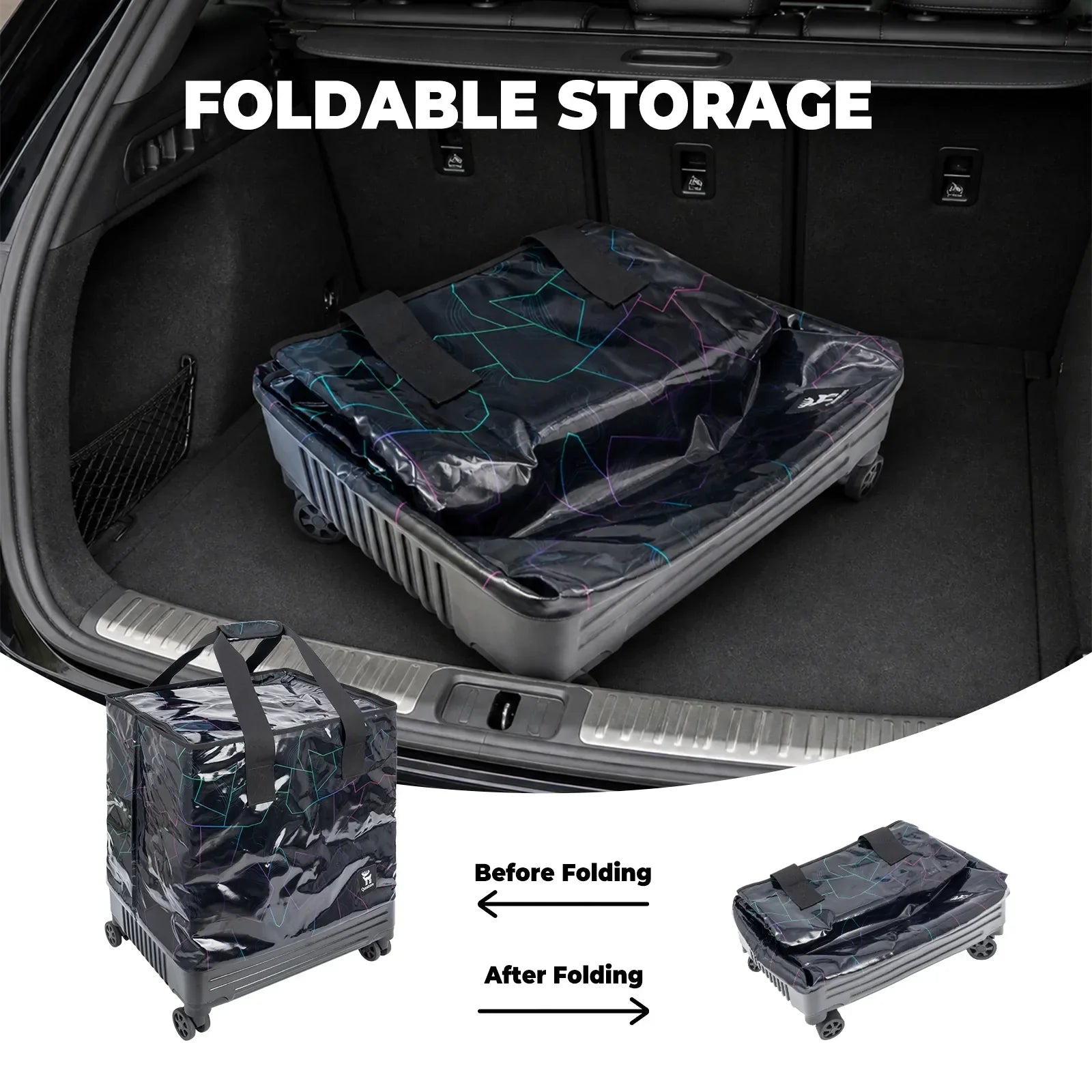 Foldable storage solution shown in a car trunk with before and after folding illustrations.