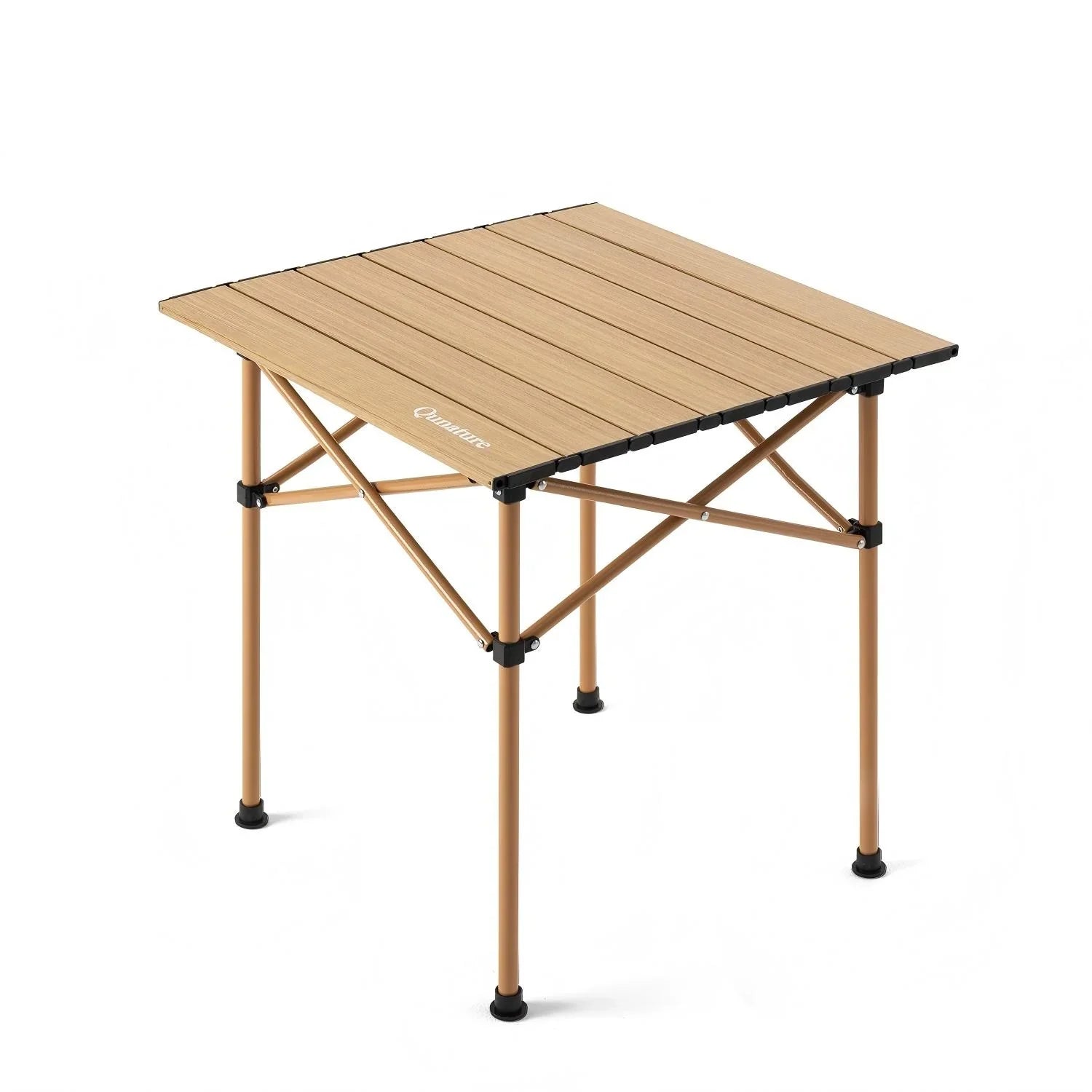 Portable folding table with wooden surface on a white background