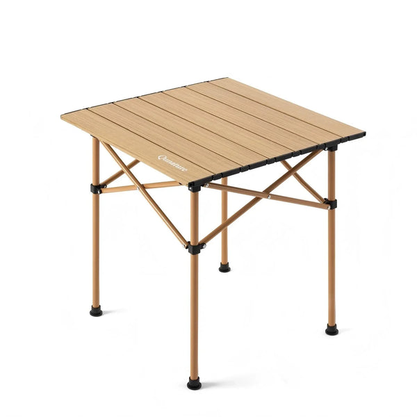 Portable folding table with wooden surface on a white background