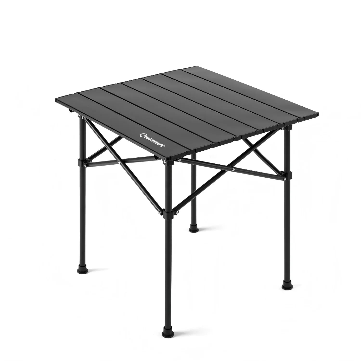 Black folding camping table on a white background