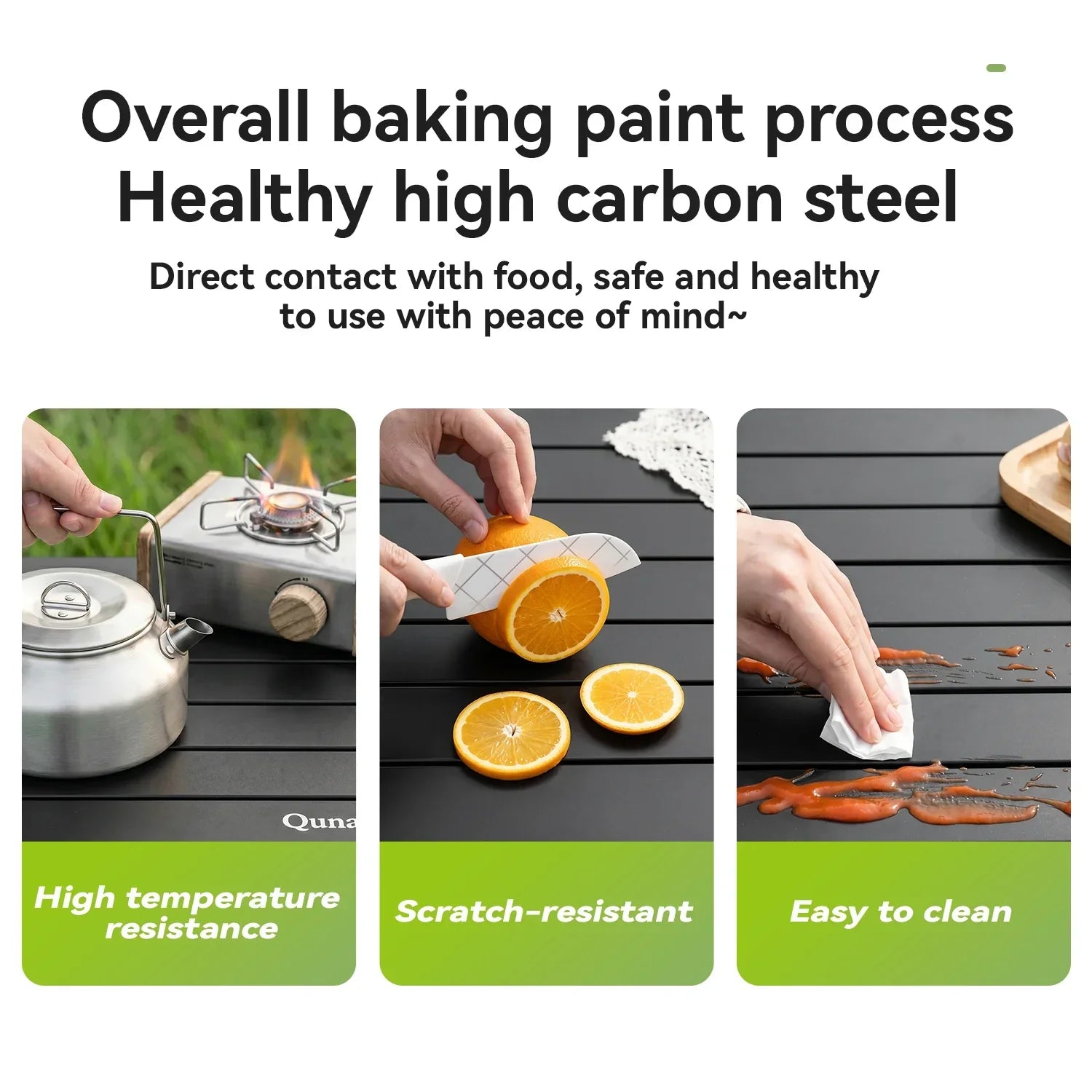 Three images showing the benefits of healthy high carbon steel, including high temperature resistance, scratch-resistance, and ease of cleaning.