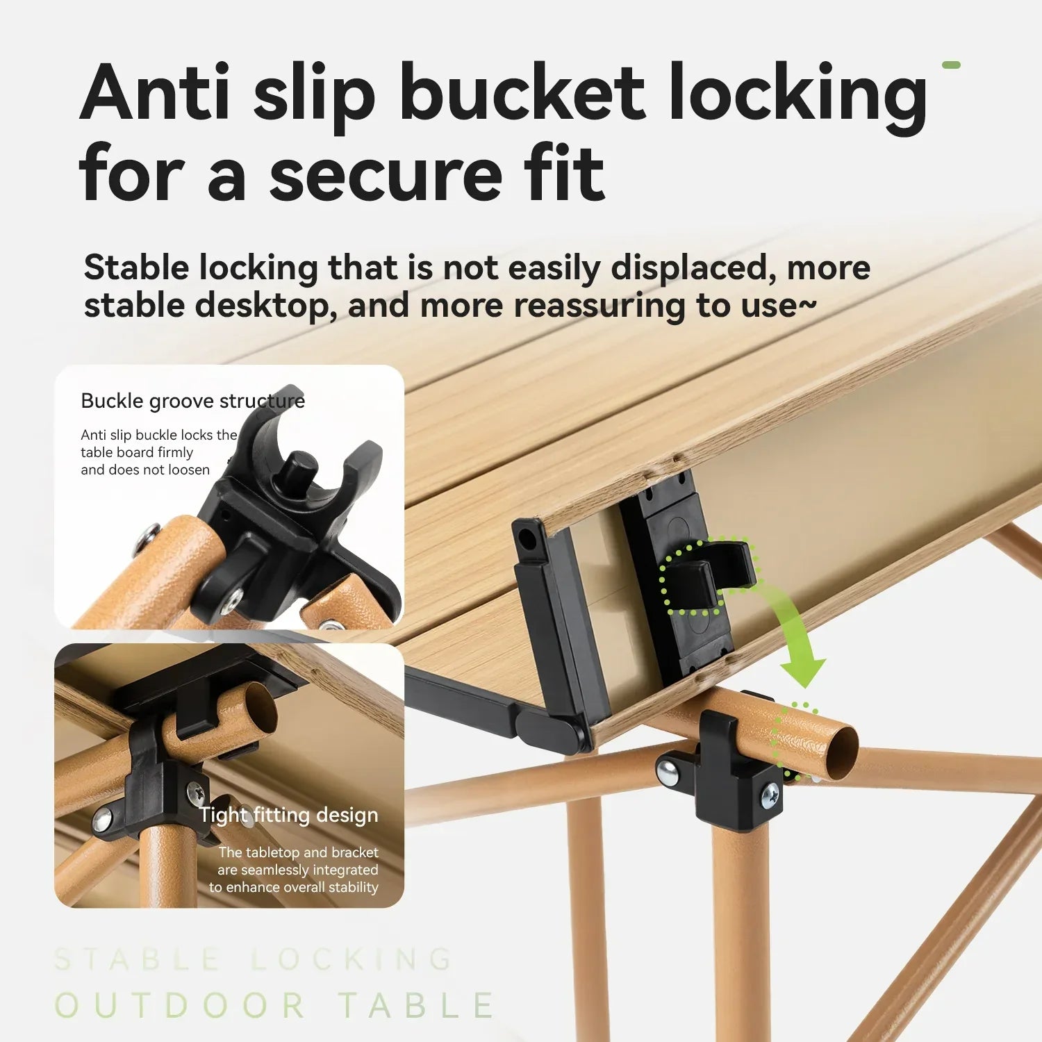 Anti-slip bucket locking mechanism for a stable outdoor table with text on a white background.