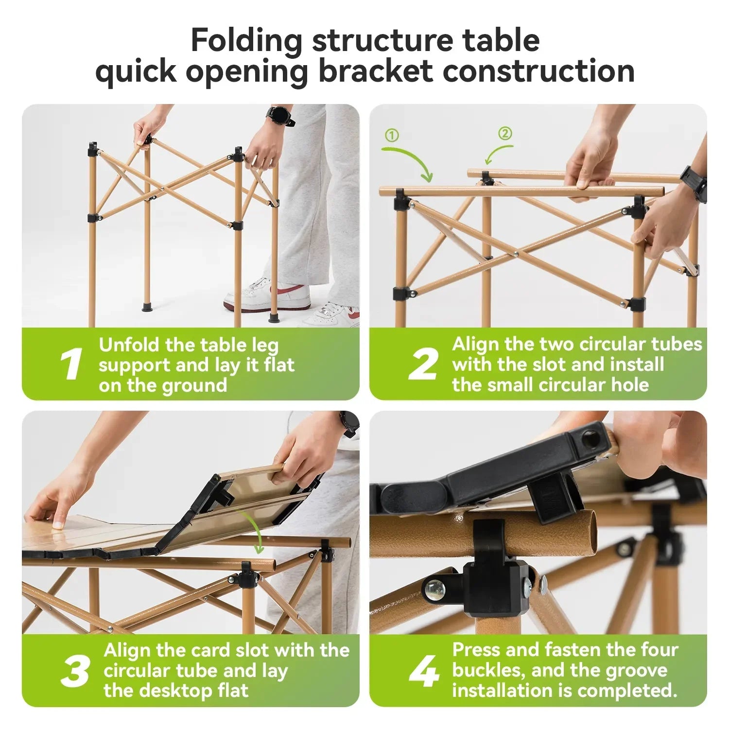 Step-by-step guide on assembling a folding structure table with quick opening bracket construction.
