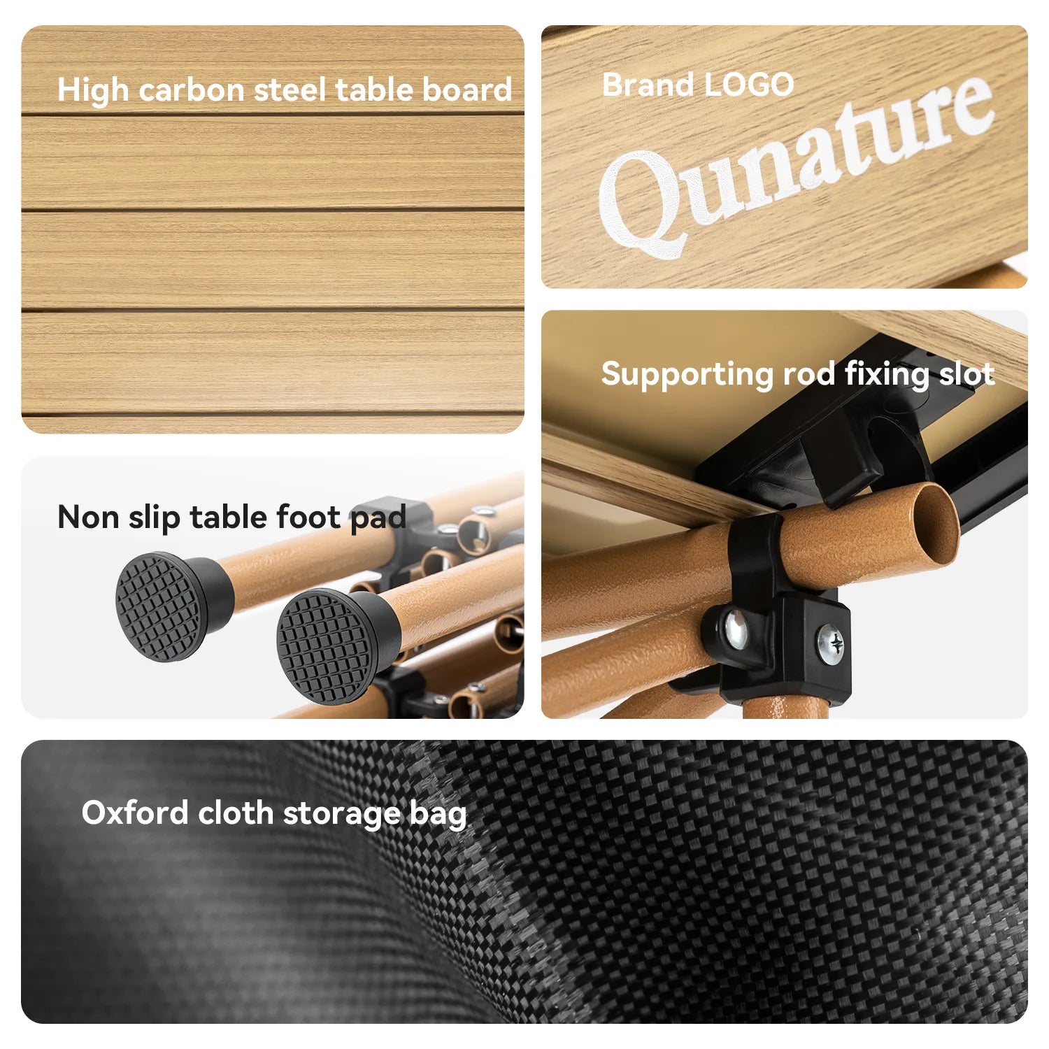 Collage of features including high carbon steel table board, brand logo, supporting rod fixing slot, non-slip table foot pad, and Oxford cloth storage bag.