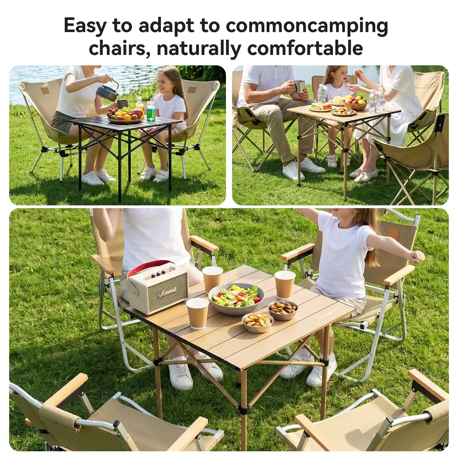 Collage of people using camping chairs and tables in a grassy area.