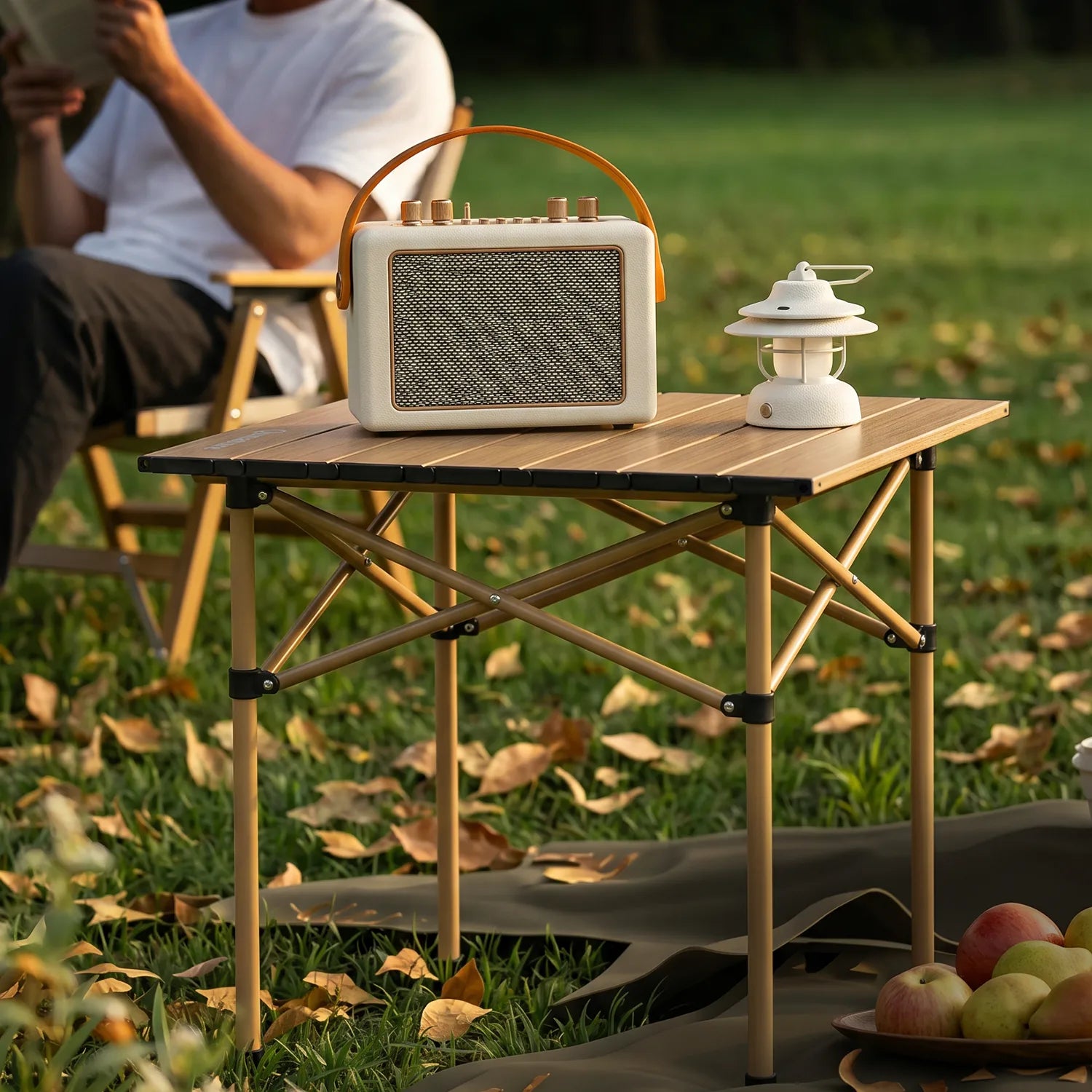 Wooden table with a radio and lantern on a grassy outdoor setting
