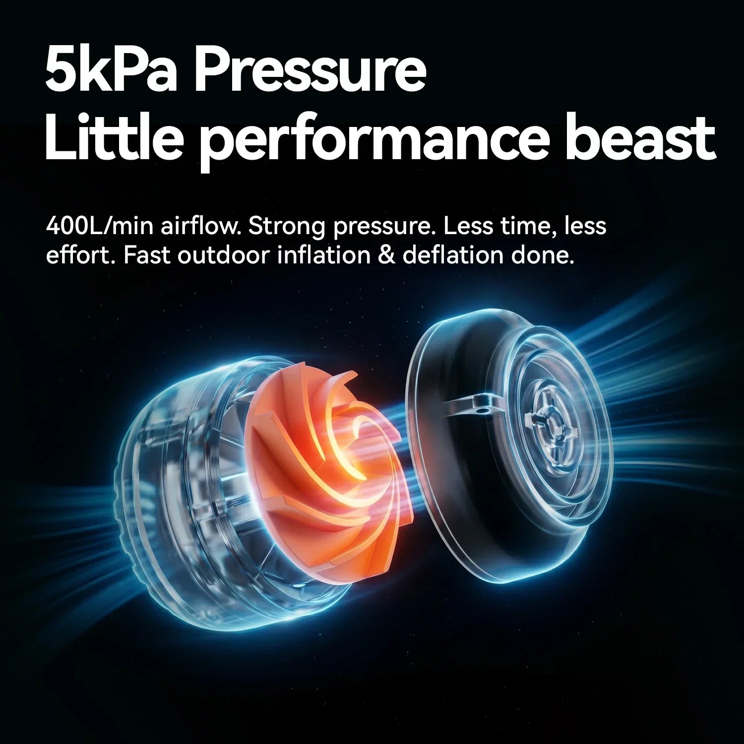 Inflation device with text highlighting pressure and performance features on a dark background