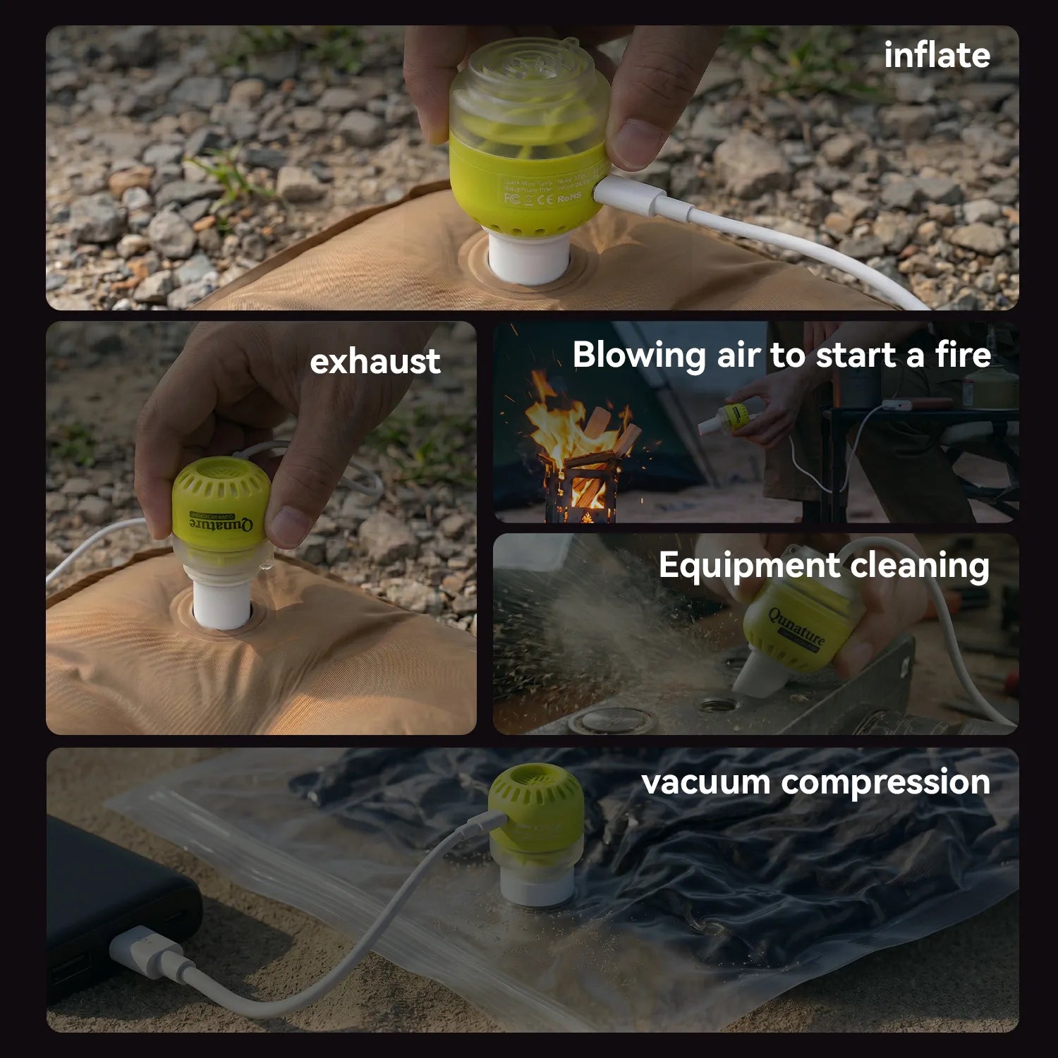 Collage of a yellow device being used for various purposes including inflation, exhaust, fire starting, equipment cleaning, and vacuum compression.