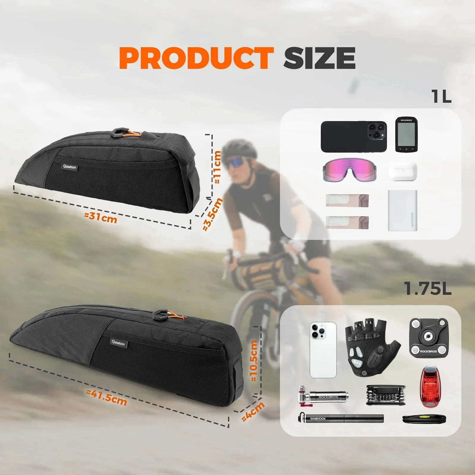 Black bike luggage bag with product size information and cyclist in the background