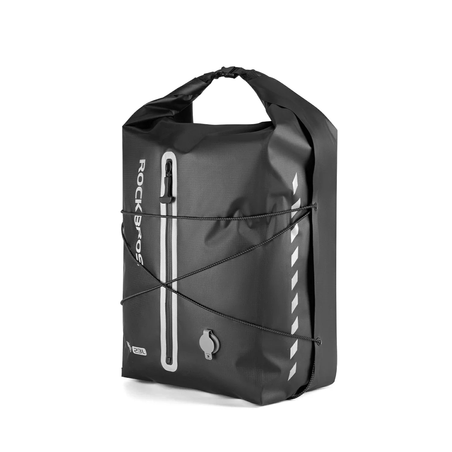 Black waterproof backpack with visible branding on a white background #color_black