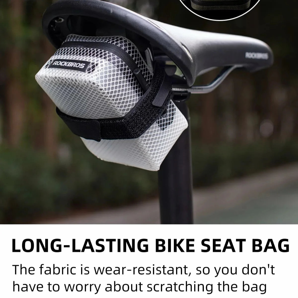 White bike seat bag with mesh design attached to a bicycle seat, featuring RockBros branding.