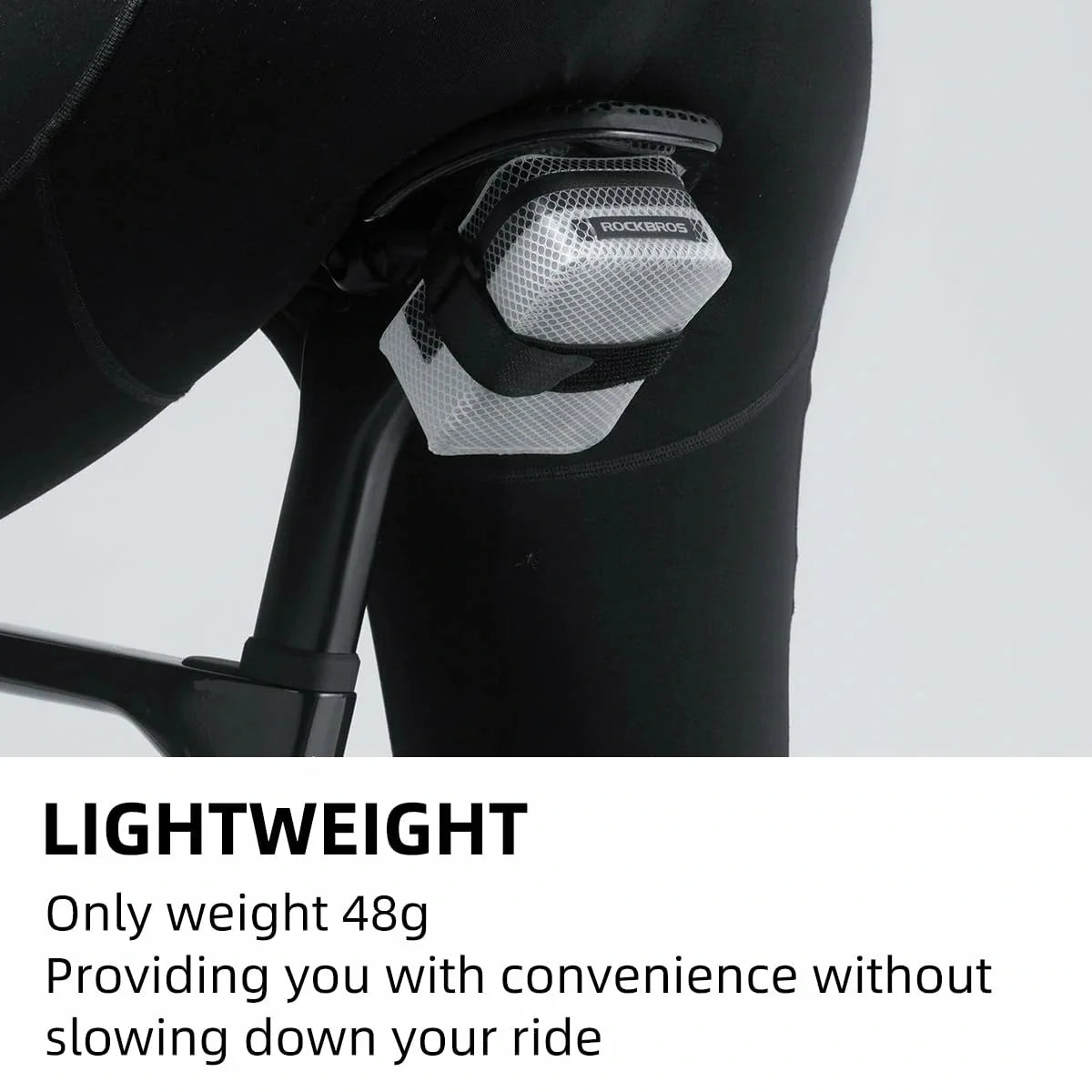 Bicycle seat with a light component and text highlighting weight and convenience.