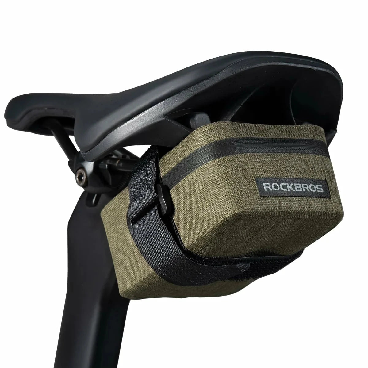 Green bike saddle bag with 'RockBros' branding attached to a bicycle seat. #Color_Khaki