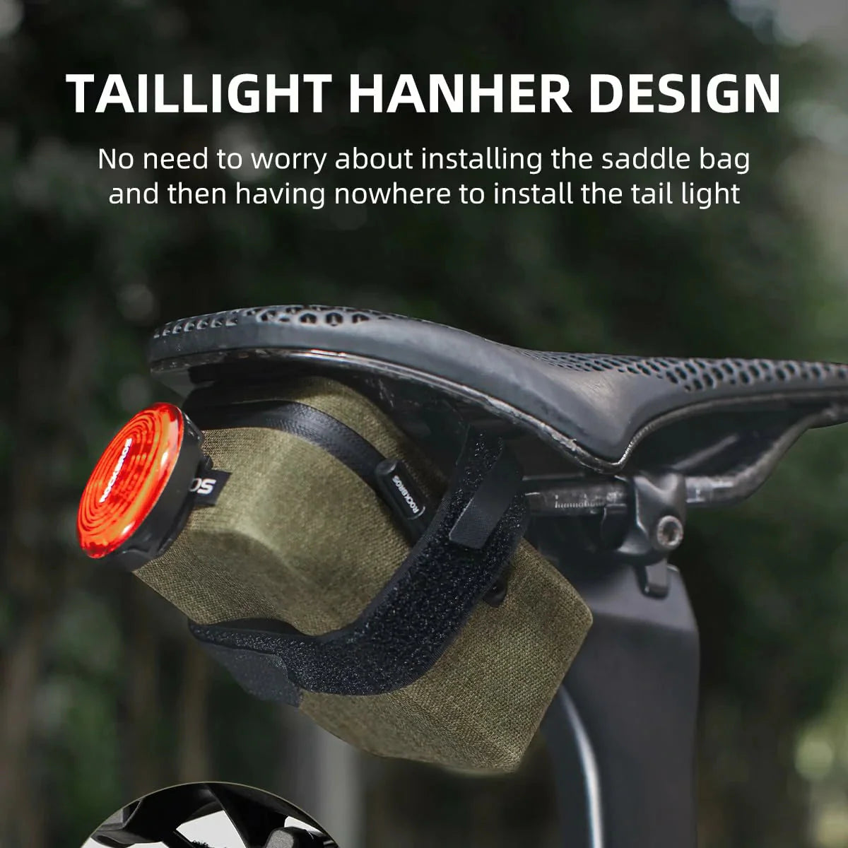 Bicycle saddle bag with tail light and strap on a blurred natural background