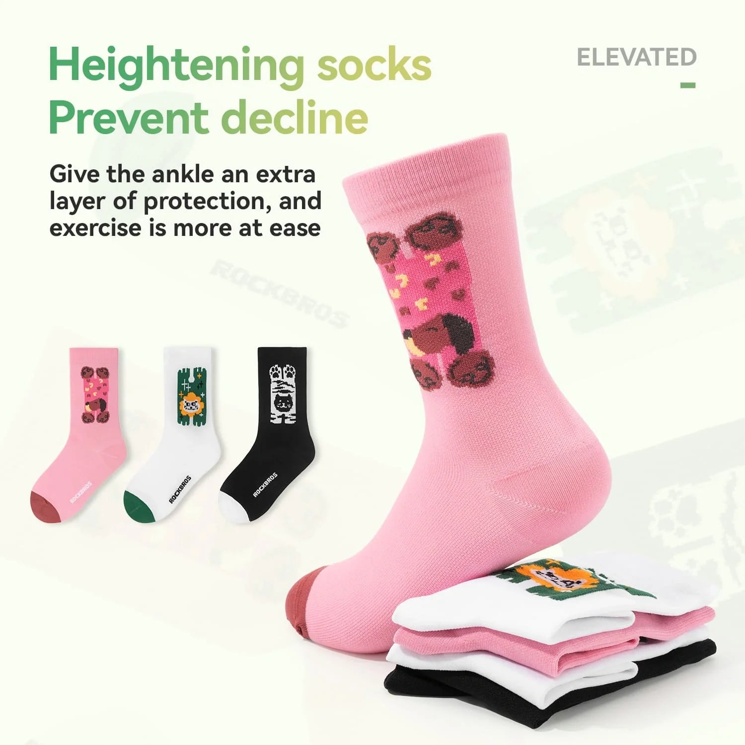 ROCKBROS youth cycling compression socks with breathable mesh, antibacterial fabric, cushioned support, and secure cuffs.