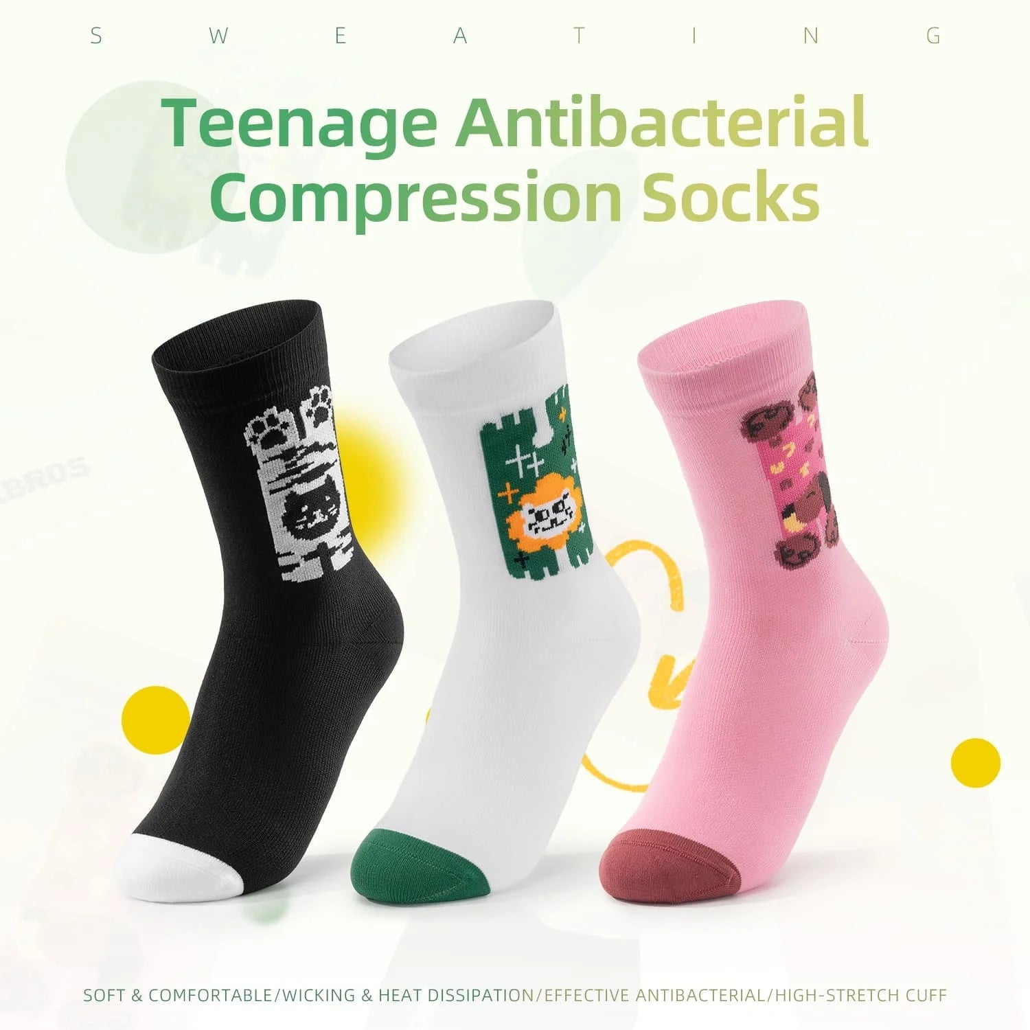 ROCKBROS youth cycling compression socks with breathable mesh, antibacterial fabric, cushioned support, and secure cuffs.