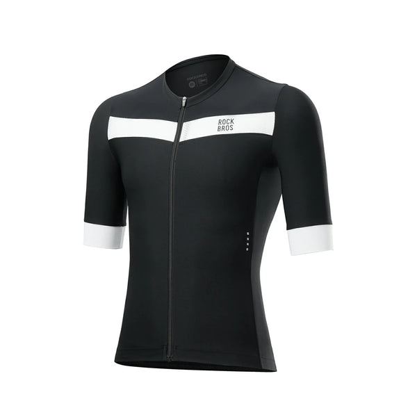 Black cycling jersey with white accents on a white background