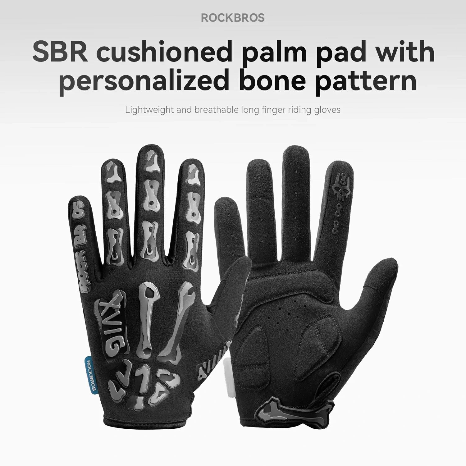 A pair of black Rockbros long finger riding gloves shown against a light gray background, with one glove displaying a gray bone pattern on the palm and the other showing the back of the hand. Text at the top reads 'SBR cushioned palm pad with personalized bone pattern'.
