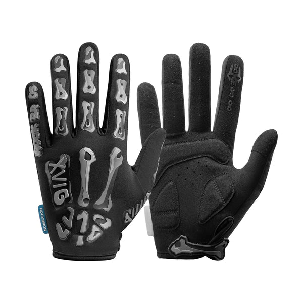 A pair of black gloves shown against a plain white background, displaying both the back of the hand with bone-shaped grip patterns and the palm side.