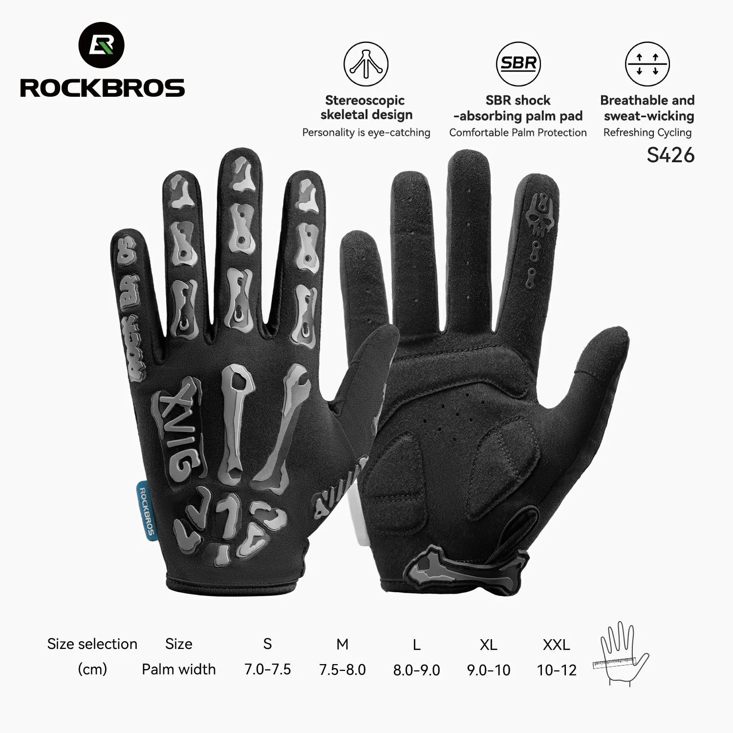 A pair of Rockbros S426 cycling gloves shown front and back on a white background, with feature icons and size information printed around them. The gloves are black with gray skeletal hand graphics on the back and perforated details on the palm side.
