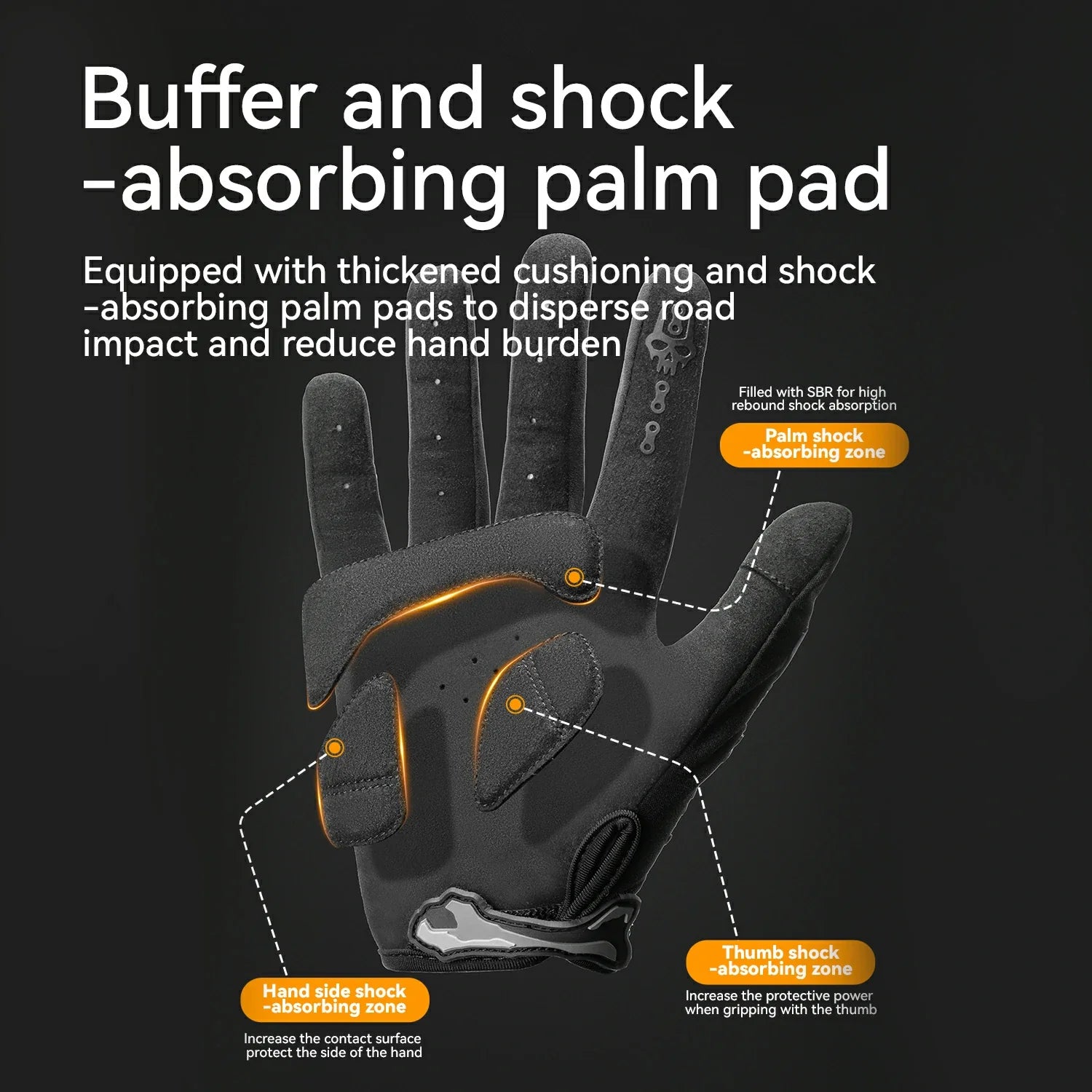 Black cycling glove with orange accents and text callouts explaining its shock-absorbing palm pad technology on a dark background.
