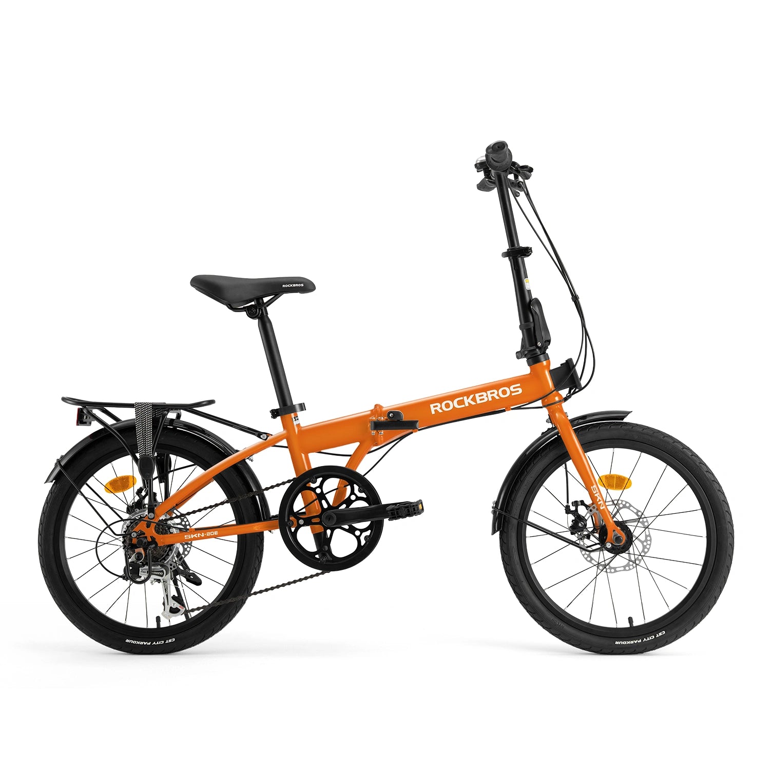 Orange folding bike with 'RockBros' branding on a white background #Color_Orange