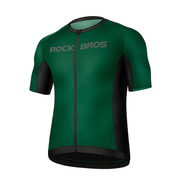 Green cycling jersey with black sleeves and collar on a white background, featuring 'Rock Bros' branding. #Color_Green