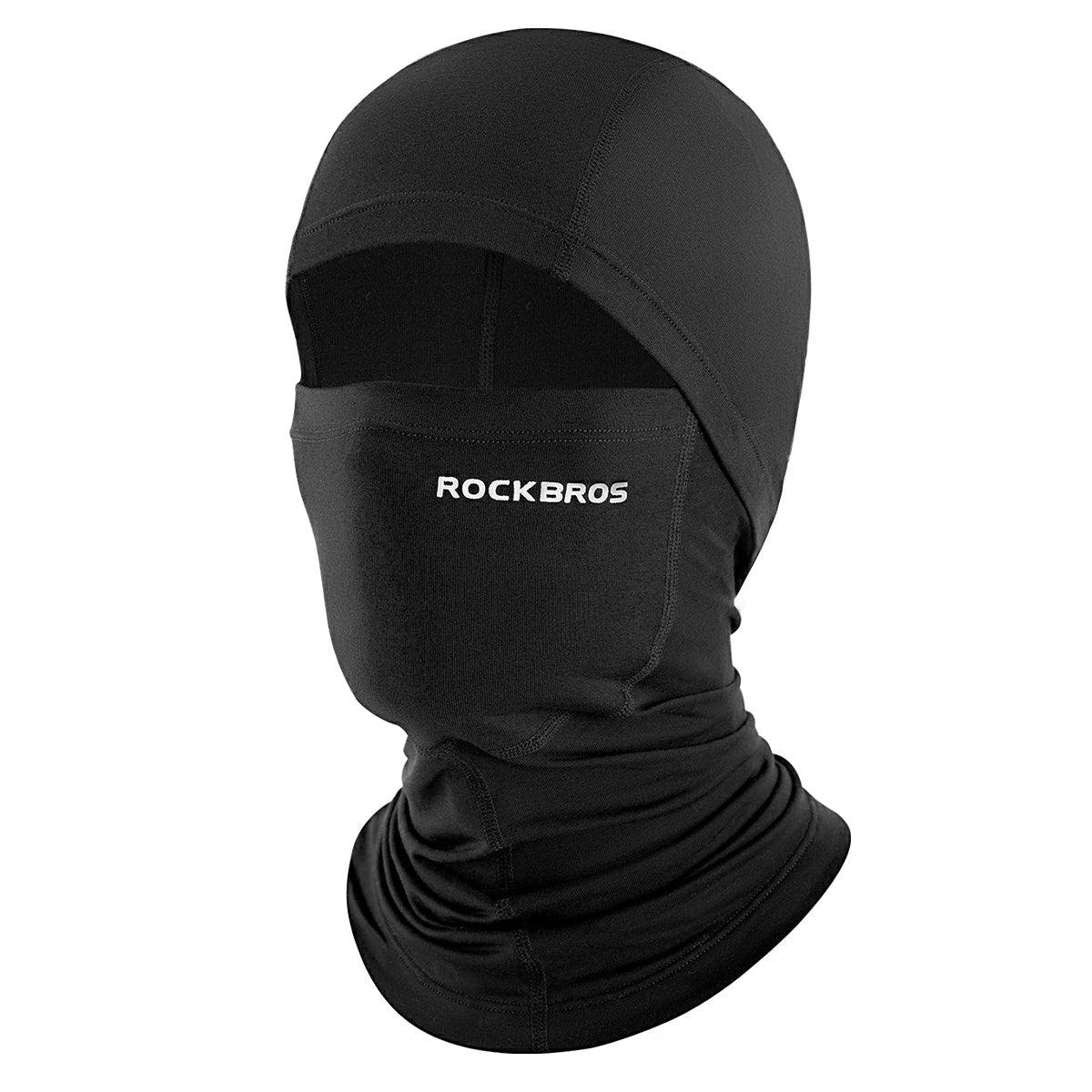 A black Rockbros balaclava face mask with a built-in neck gaiter, shown on a plain white background. #Color_Black