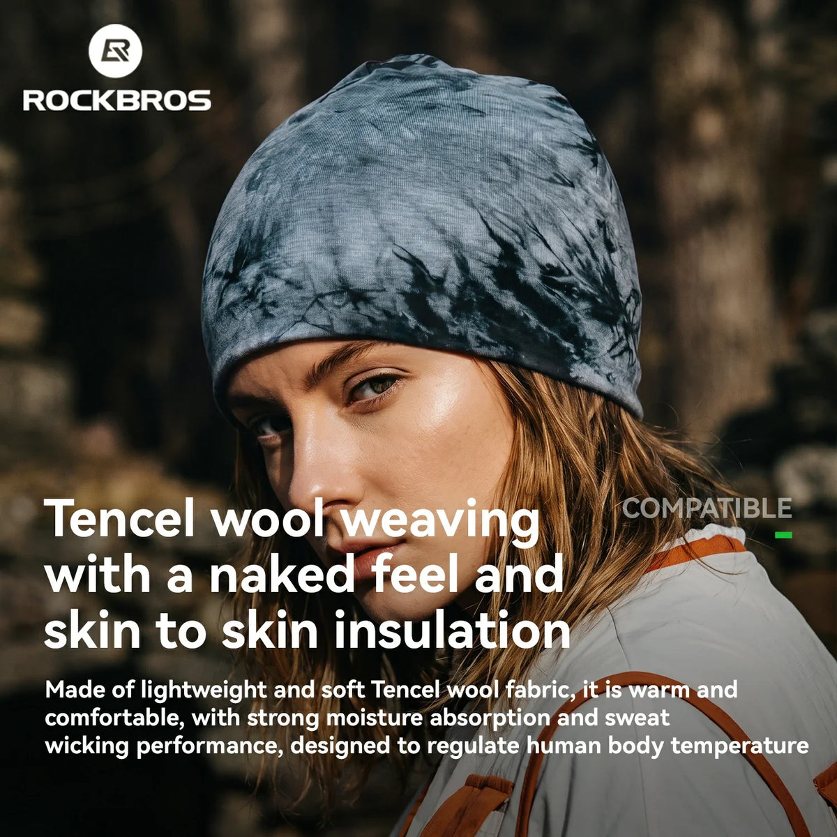A close-up lifestyle shot of a woman wearing a blue-gray patterned Rockbros beanie in an outdoor forest setting. The image includes promotional text highlighting the product's Tencel wool weaving, warmth, and moisture-wicking properties.