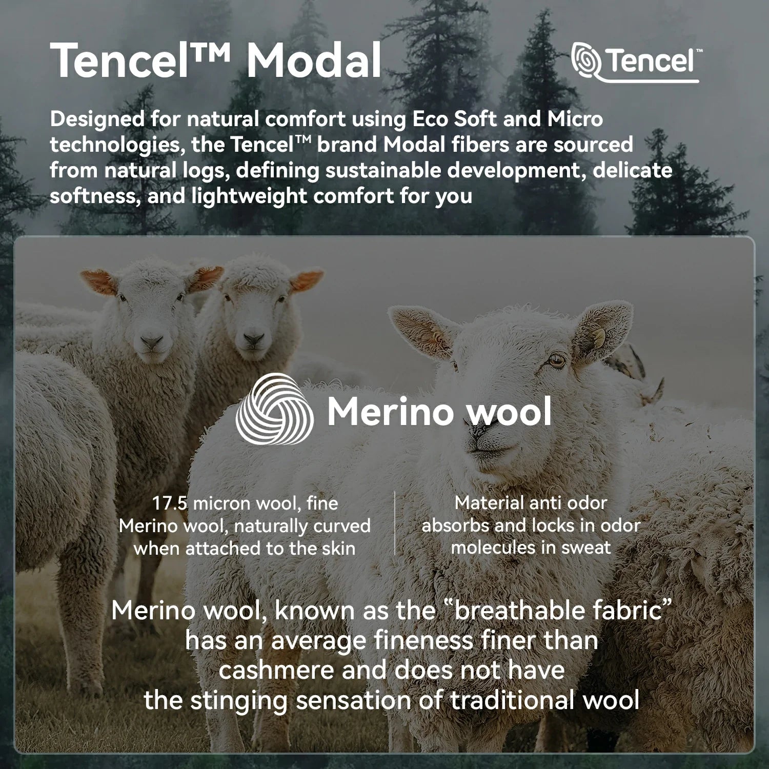 An informational product graphic for Tencel Modal fabric, featuring a photo of Merino wool sheep with text overlays explaining the blend technology and wool properties. The Tencel logo is visible in the top right corner.