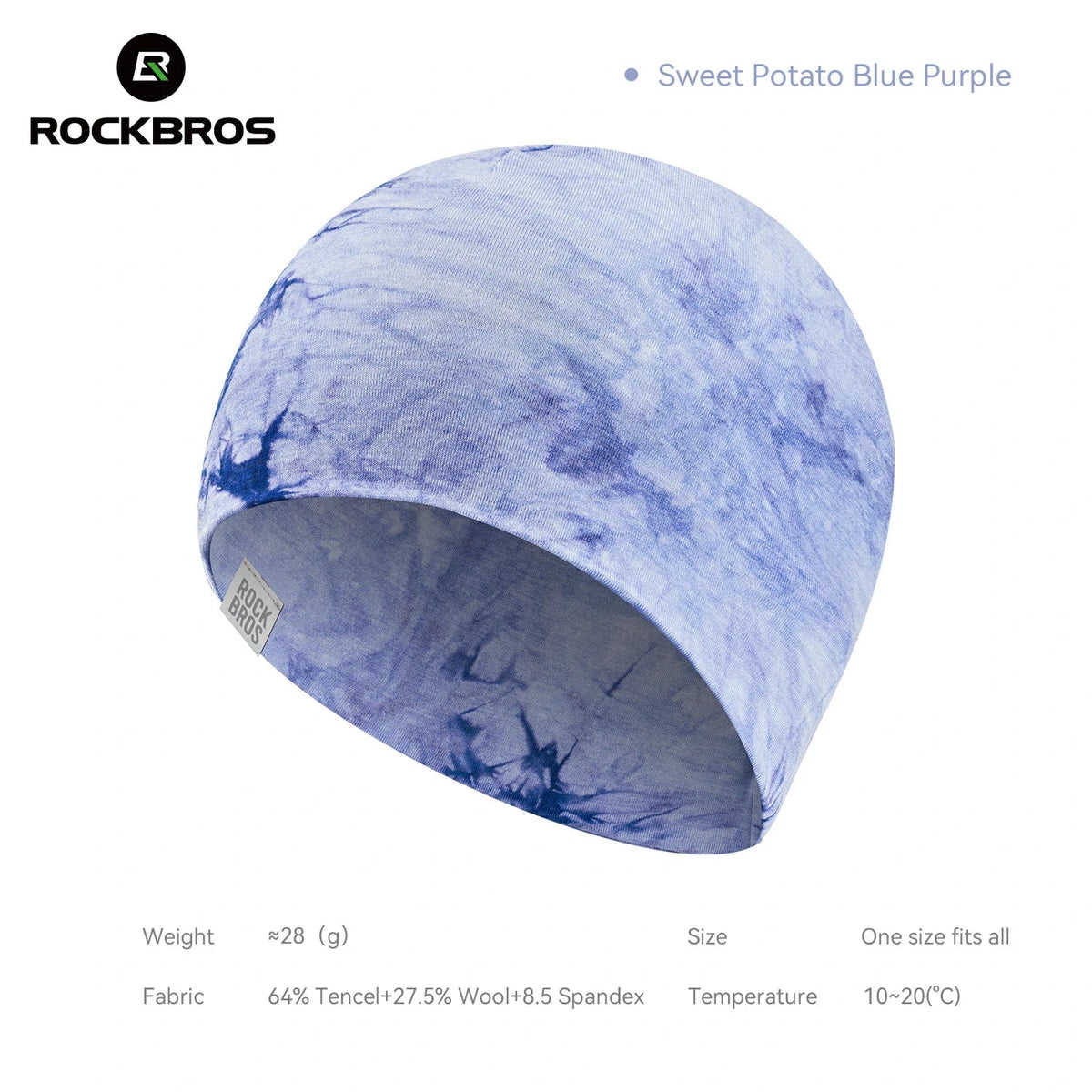 A blue and purple marbled knit beanie hat by Rockbros, shown on a white background with product specifications and the color name 'Sweet Potato Blue Purple' printed around it. #Color_Blue