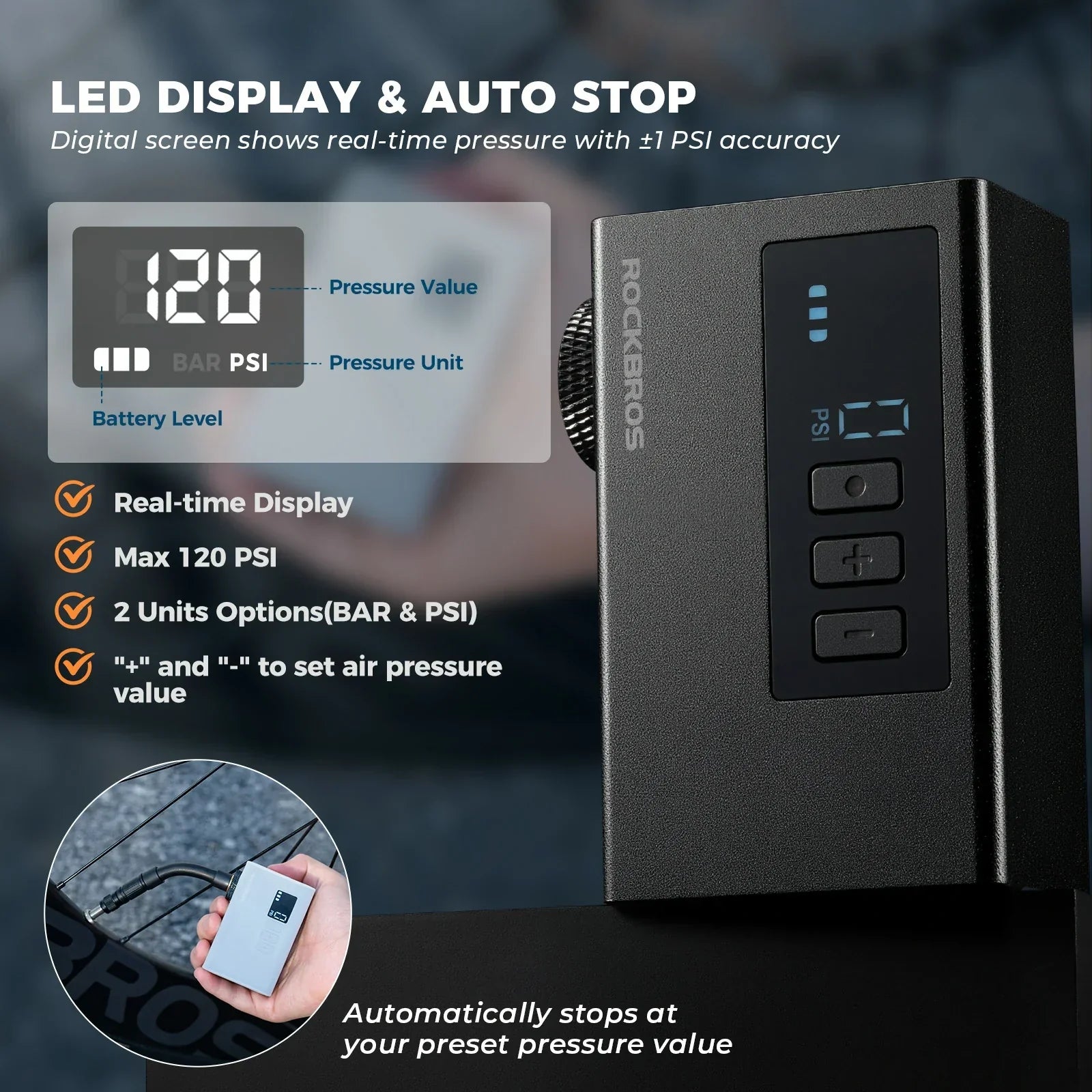 tiny electric bike pump with pressure gauge max 120 psi