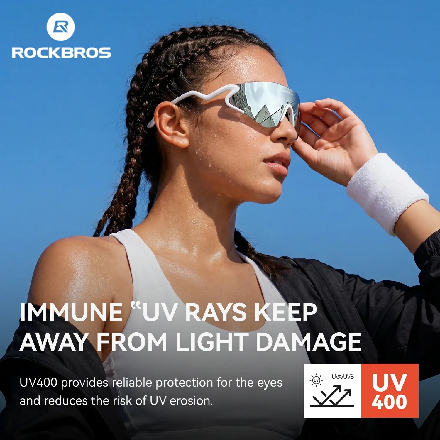 Person wearing reflective sunglasses with text about UV protection against light damage.