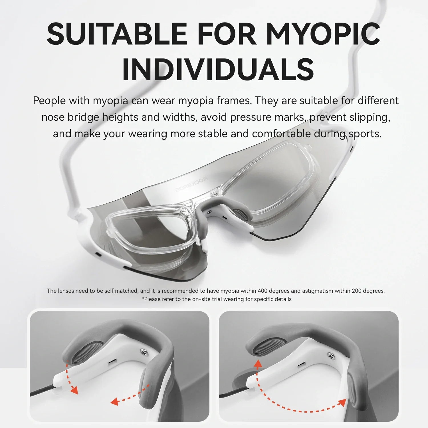 Myopia glasses with text explaining suitability for myopic individuals on a white background
