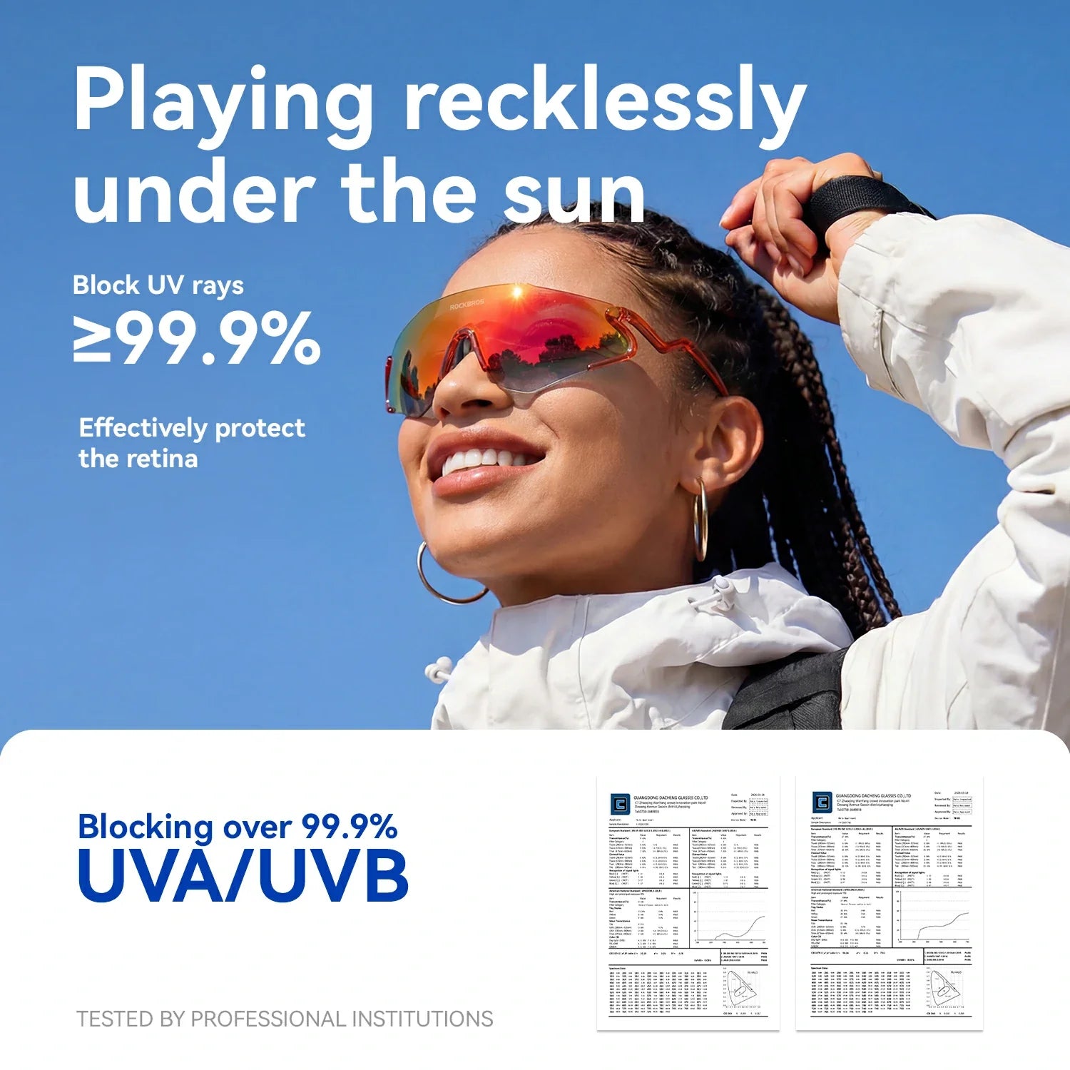 Person wearing reflective sunglasses with text about UV protection against a blue sky.