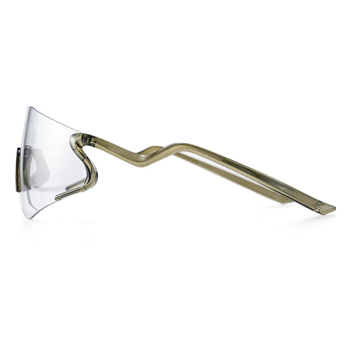 Clear safety goggles with gold frame on a white background