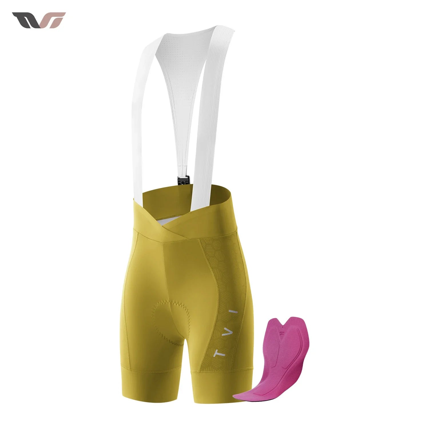 Yellow cycling bib shorts with white straps and a pink pad on a white  background #color_Yellow