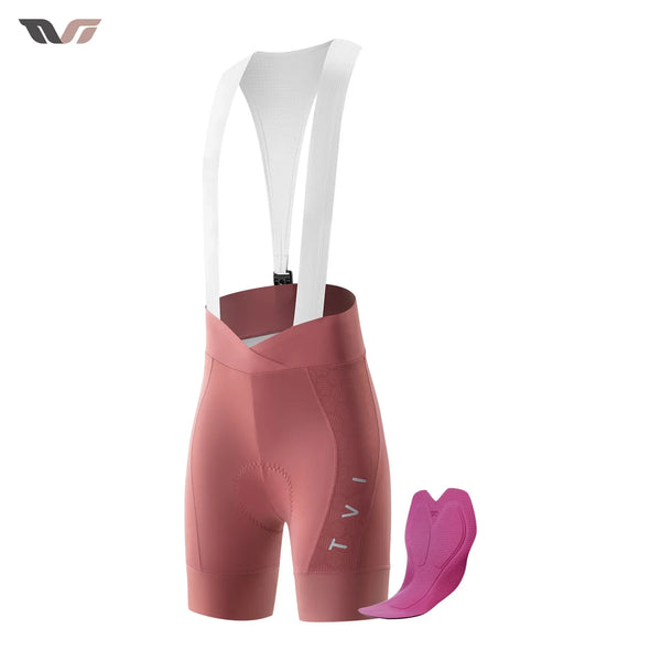 Pink cycling bib shorts with white straps and a small pink pad on a white background. #color_Pink