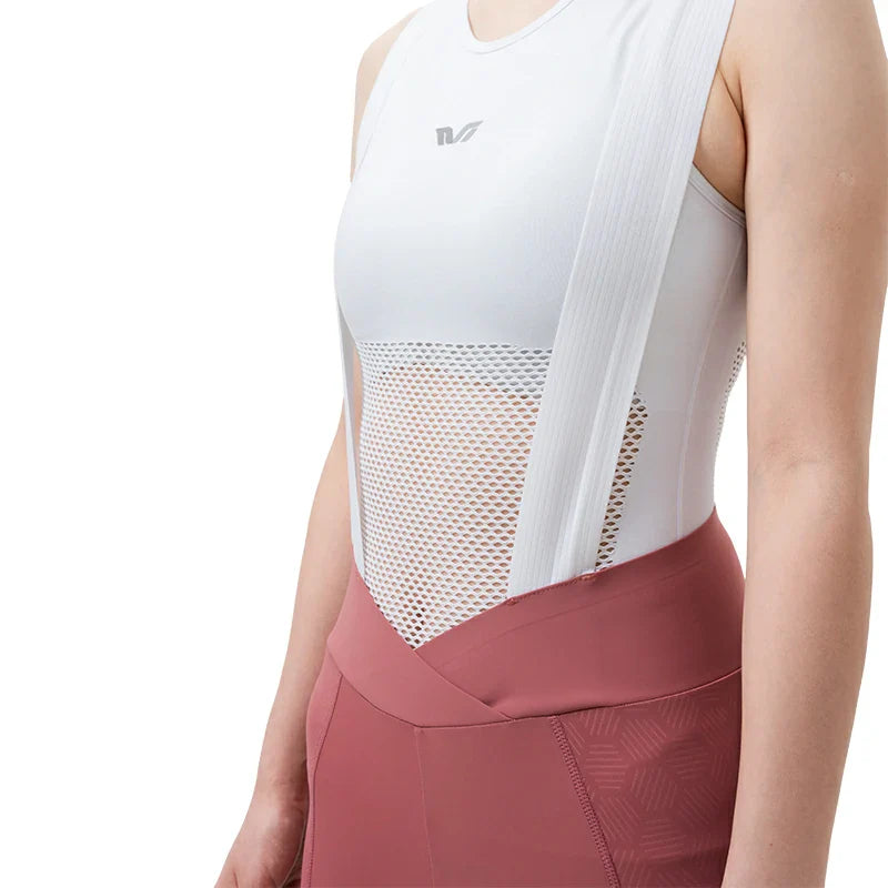 White athletic tank top with mesh panels and pink leggings on a white  background #color_Pink