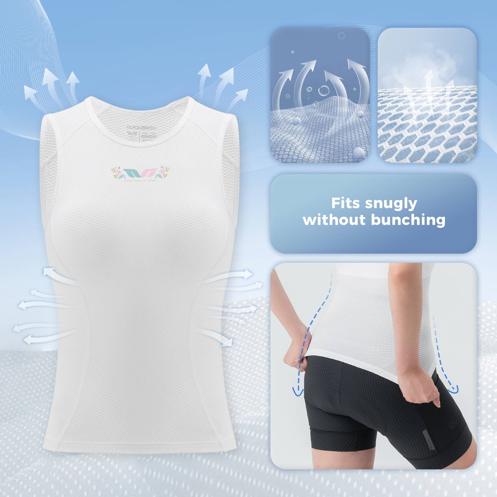 White sleeveless shirt with text and graphics on a blue background