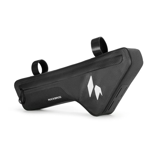 Black bike frame bag with brand logo on a white background