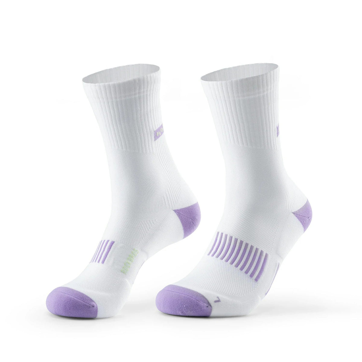 A pair of white crew-length athletic socks with light purple accents on the toes, heels, and striped compression zones, displayed on a clean white background. #Color_white
