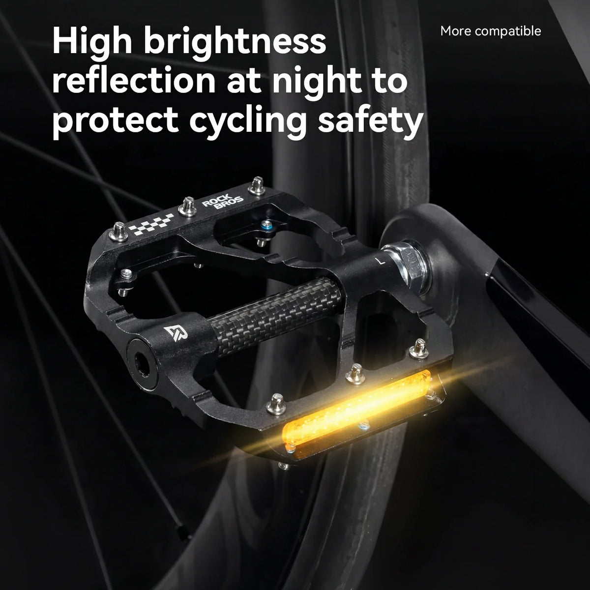 Side reflector on a black wide-platform bicycle pedal