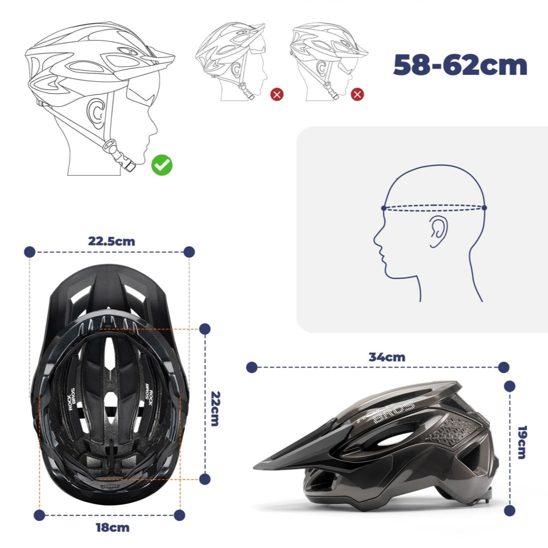 Bicycle helmet sizing guide showing head circumference measurements in centimeters, with line drawings of head shapes, a correct fit illustration with a green checkmark, and a 3D helmet view labeled 22.5cm, 22cm, 18cm, 34cm, and 19cm.