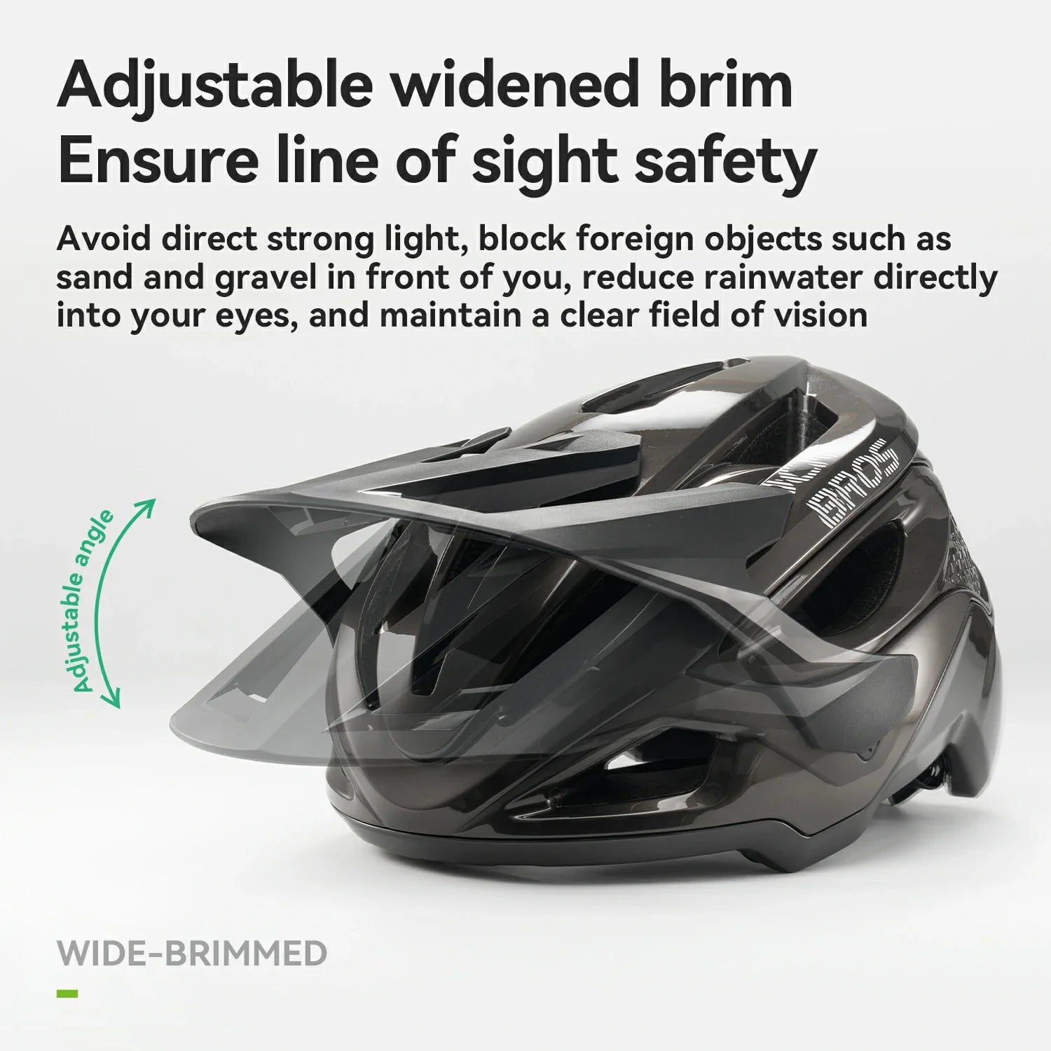 Black wide-brimmed helmet with text on safety features on a white background