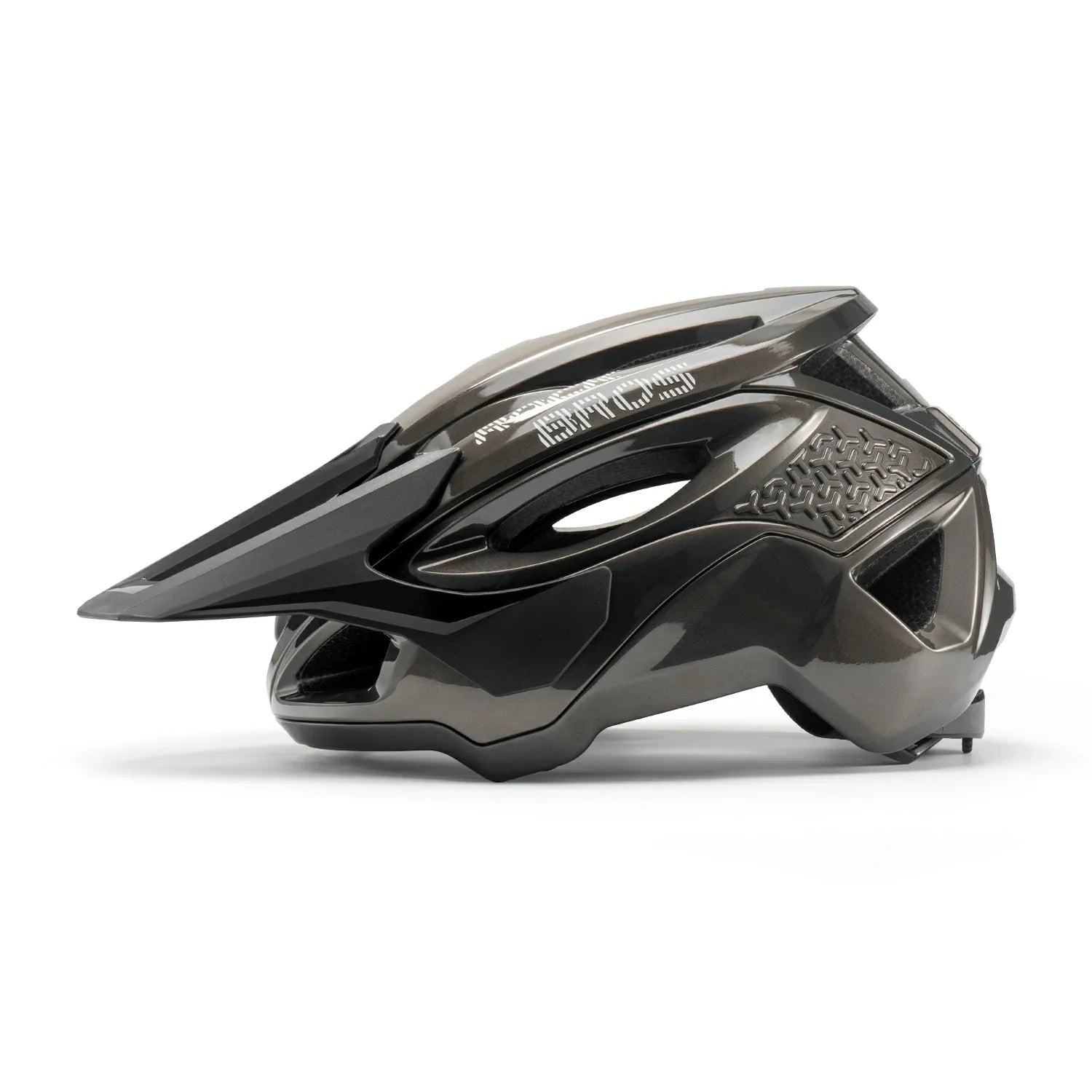 A Titanium mountain bike helmet with a prominent visor, shown in a side profile on a clean white background. #Color_Titanium