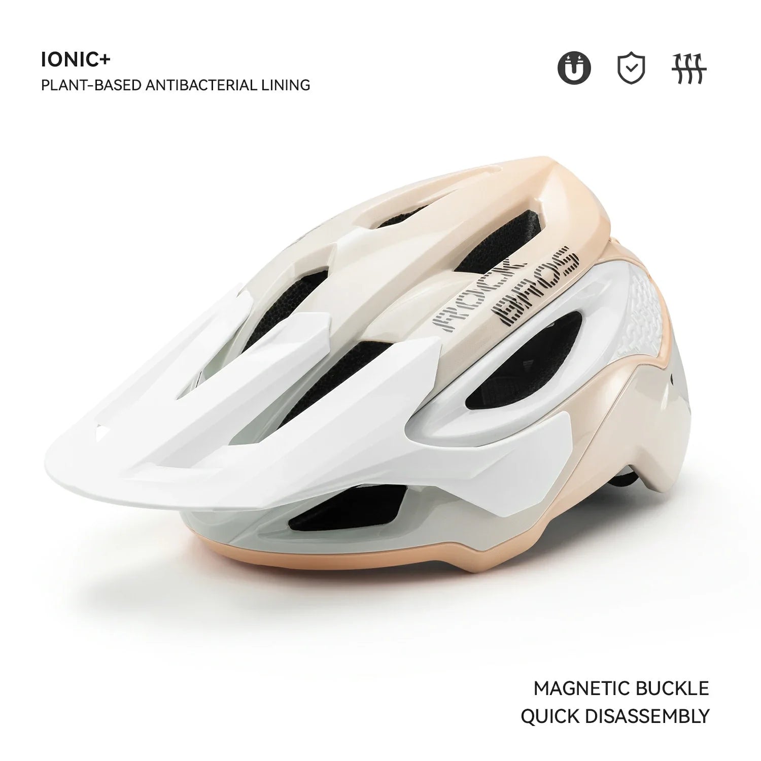 White and beige helmet with 'IONIC+' branding on a white background #Color_Apricot