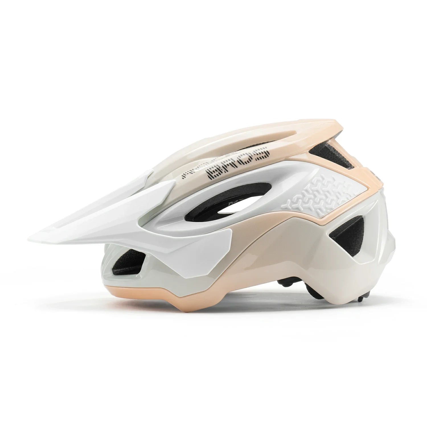 A modern mountain bike helmet in white, beige, and light peach, shown from a side profile on a clean white background. #Color_Apricot